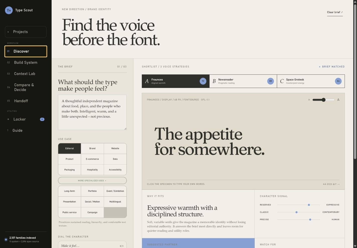 Type Scout Discover page showing the brief, use case, expanded feeling and appearance controls, and three Voice strategies.