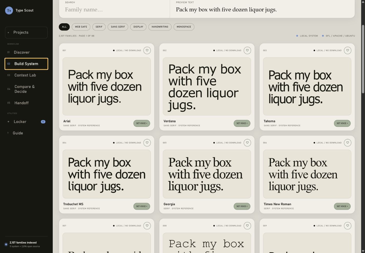 Type Scout Library font cards with live specimens and role assignment controls.