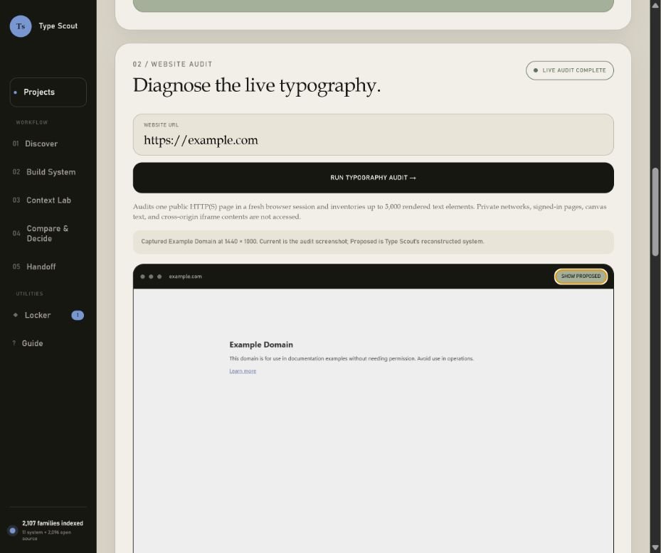 Type Scout Projects dashboard showing the live website audit with rendered evidence, health score, and findings.