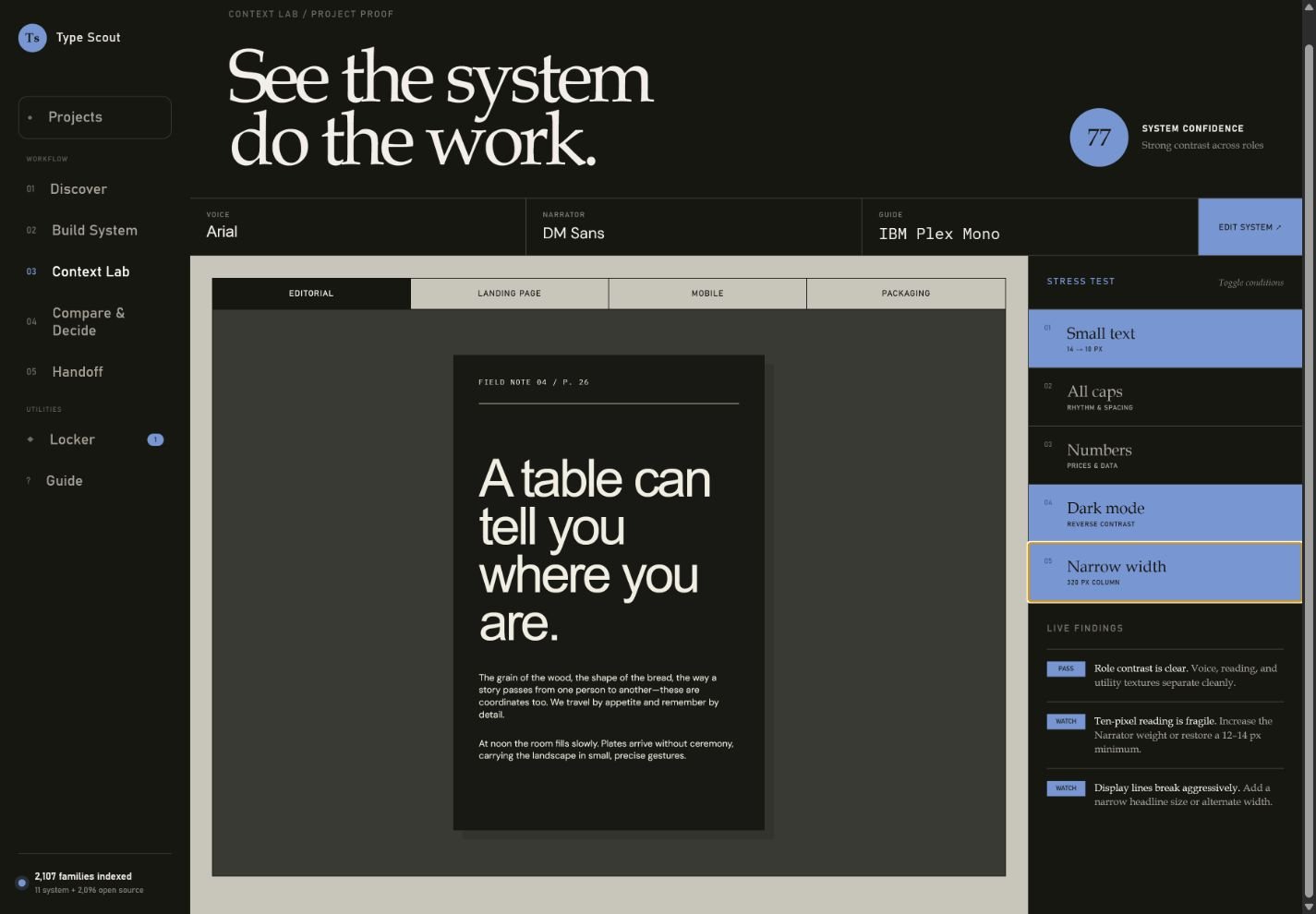 Type Scout stress testing controls and typography findings.